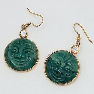 UTC Gold over Sterling 925 Silver Accented Green Aventurine Moon Face Earrings
